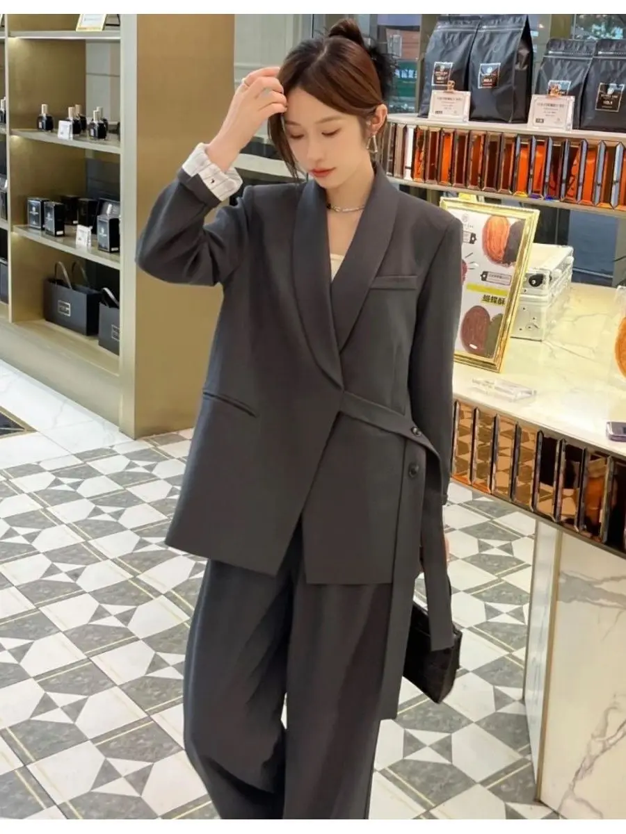 

Костюм-двойка женский больших размеров с широкими брюками, весенняя новинка, без бирки, повседневный, удобный, из полиэстера