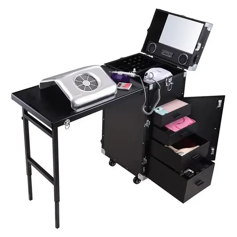 Top Selling Upgraded Customized Foldable Candy Fashion Aluminum Case Manicure Table Makeup Nail Tables Multi Storage Rolling