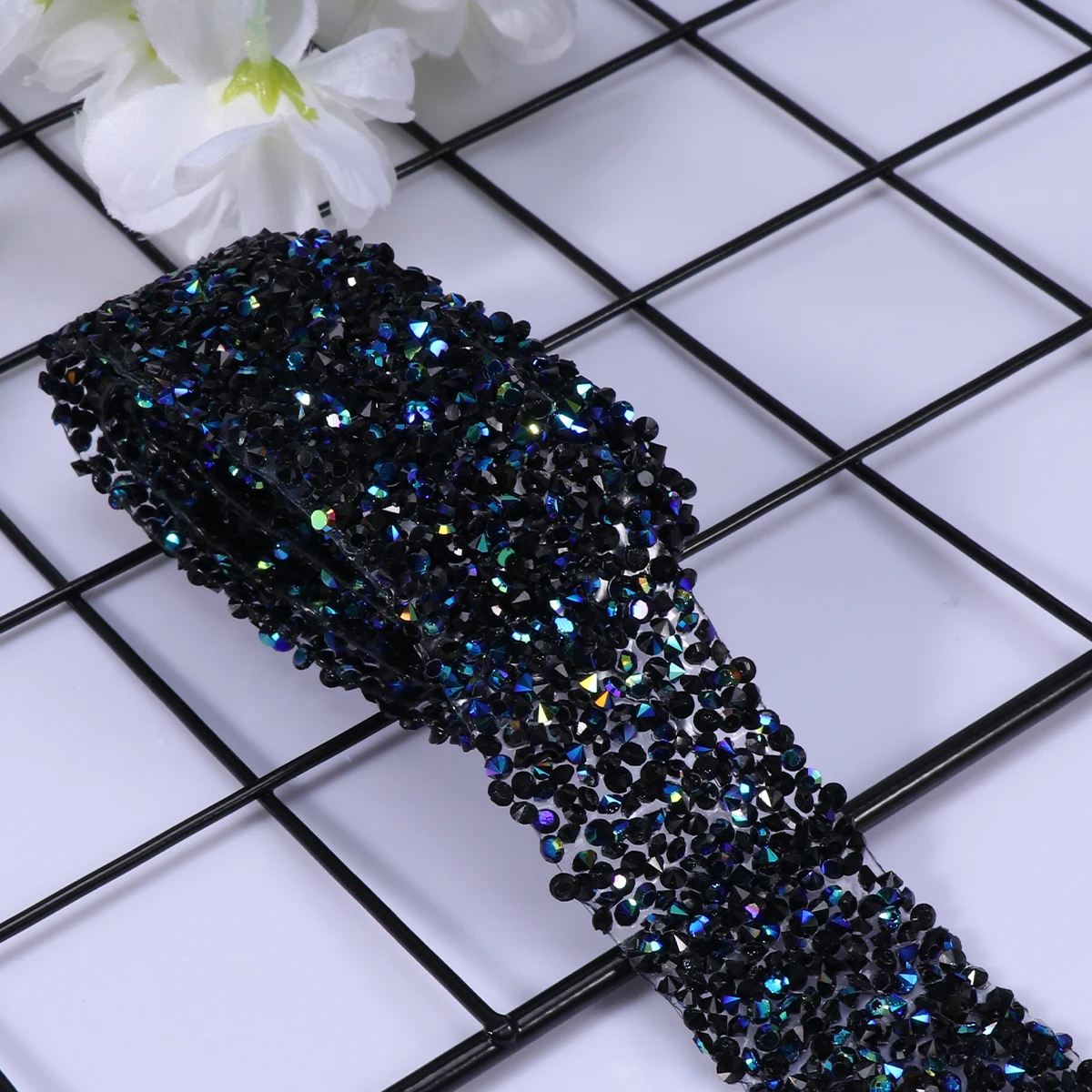 

1 Yard Black Blue Rhinestone Adhesive Mesh Ribbon Hot Fix Crystal Trim For Wedding Dress Belt Bridal Veil Decor Applique
