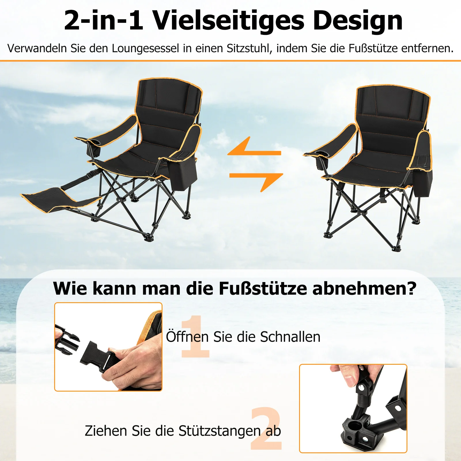 Camping chair with Detachable Foot shelf 2-compartment Adjustable Backrest Cup Holder & Cooler Bag