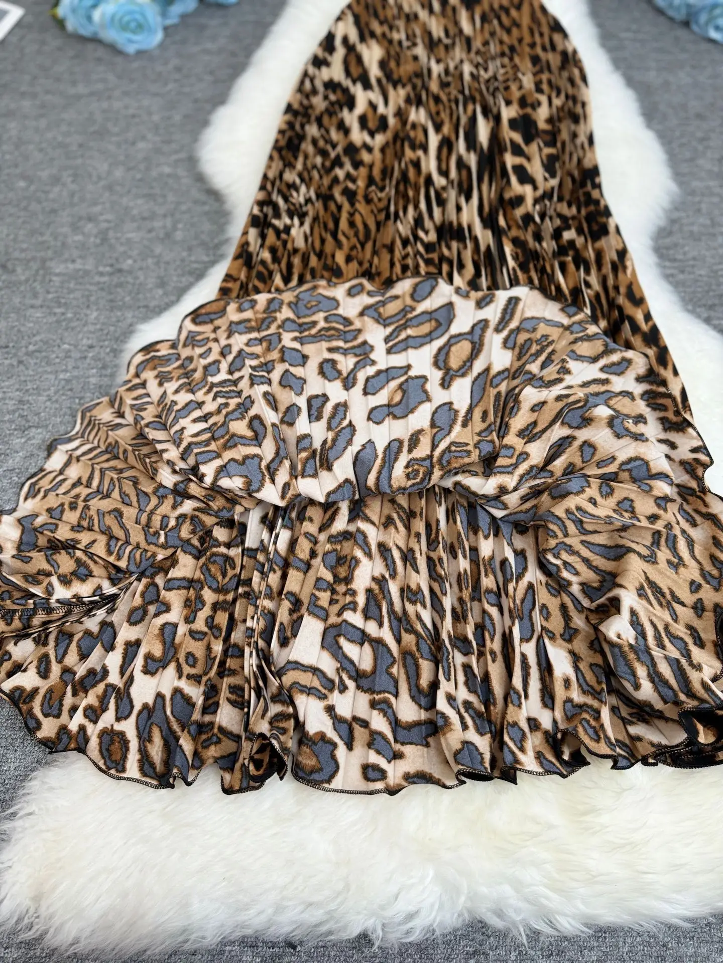 Spring Summer Leopard Print Pleated Long Skirt For Women 2026 Vintage Casual Office Lady Skirts