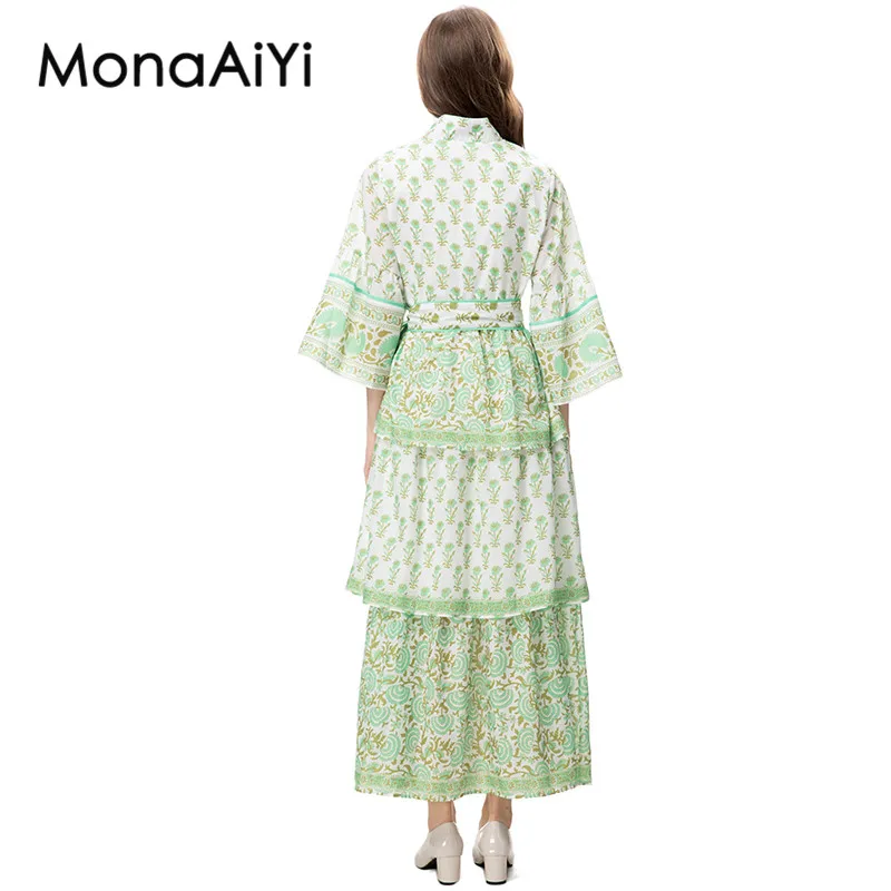 MonaAiYi New Fashion Designer Women's High Collar Pagoda Sleeve Sleeve Detachable Waistband Long Printing Green Dress