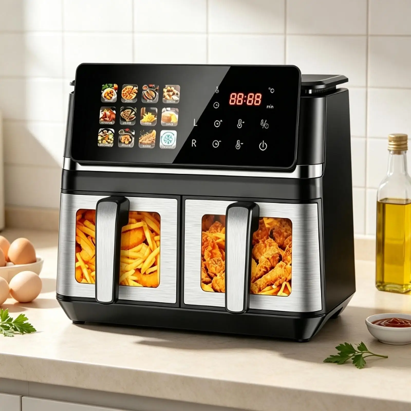 Air Fryer Auto Shut Off Temperature Control Portable Quick Easy Meals Multifunction Touchscreen 10L Double Basket Electric Fryer
