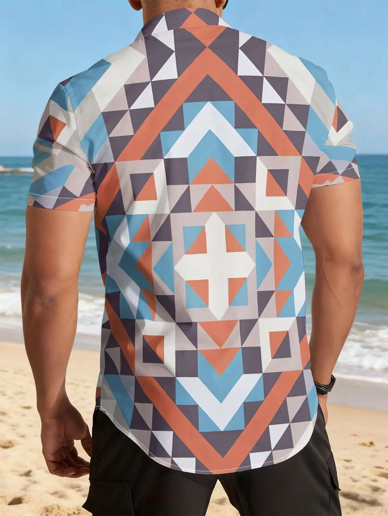 Men's Hawaiian Short Sleeve Shirt Vintage Colorful Triangle Print Turn Down Collar Casual Beach Holiday Top Mens Clothing
