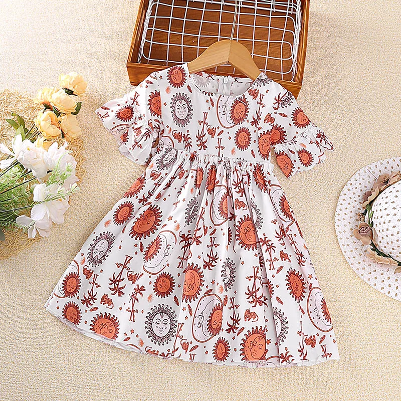 

Dress For Kids 3-8 Years White Petal Sleeve Sun Print Crew Neck Dress Summer Fashion Casual Girls' Baby Clothing Princess Dress