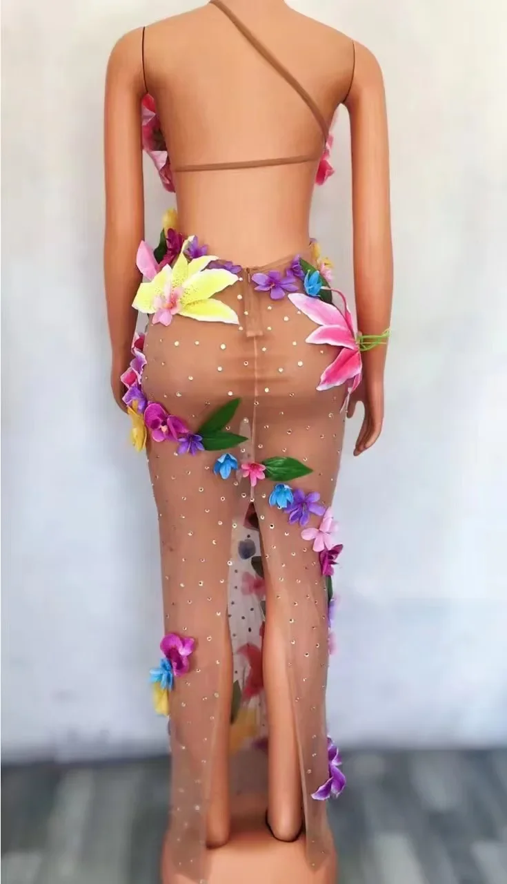 Vestido biquíni transparente para mulheres, flores grandes coloridas, traje de palco esticado, roupa para show de bailarinos, festa de baile, conjunto Biniki, conjunto sexy