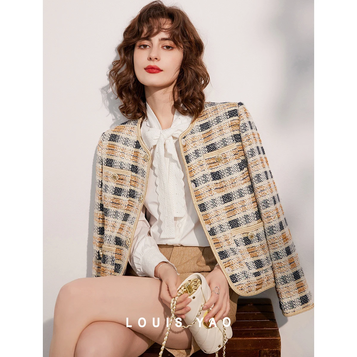 LOUIS YAO Sequins Plaid Tweed Women's Jacket 2026 Spring Autumn French Style Outerwear Elegant Sequins Plaid Short Jacket