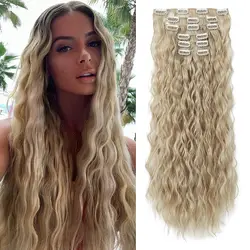 Extensões de cabelo sintético para mulheres, clip in, longo, ondulado, grossa hairpieces, cabeça cheia, ombre, 6 pçs/set, 24in