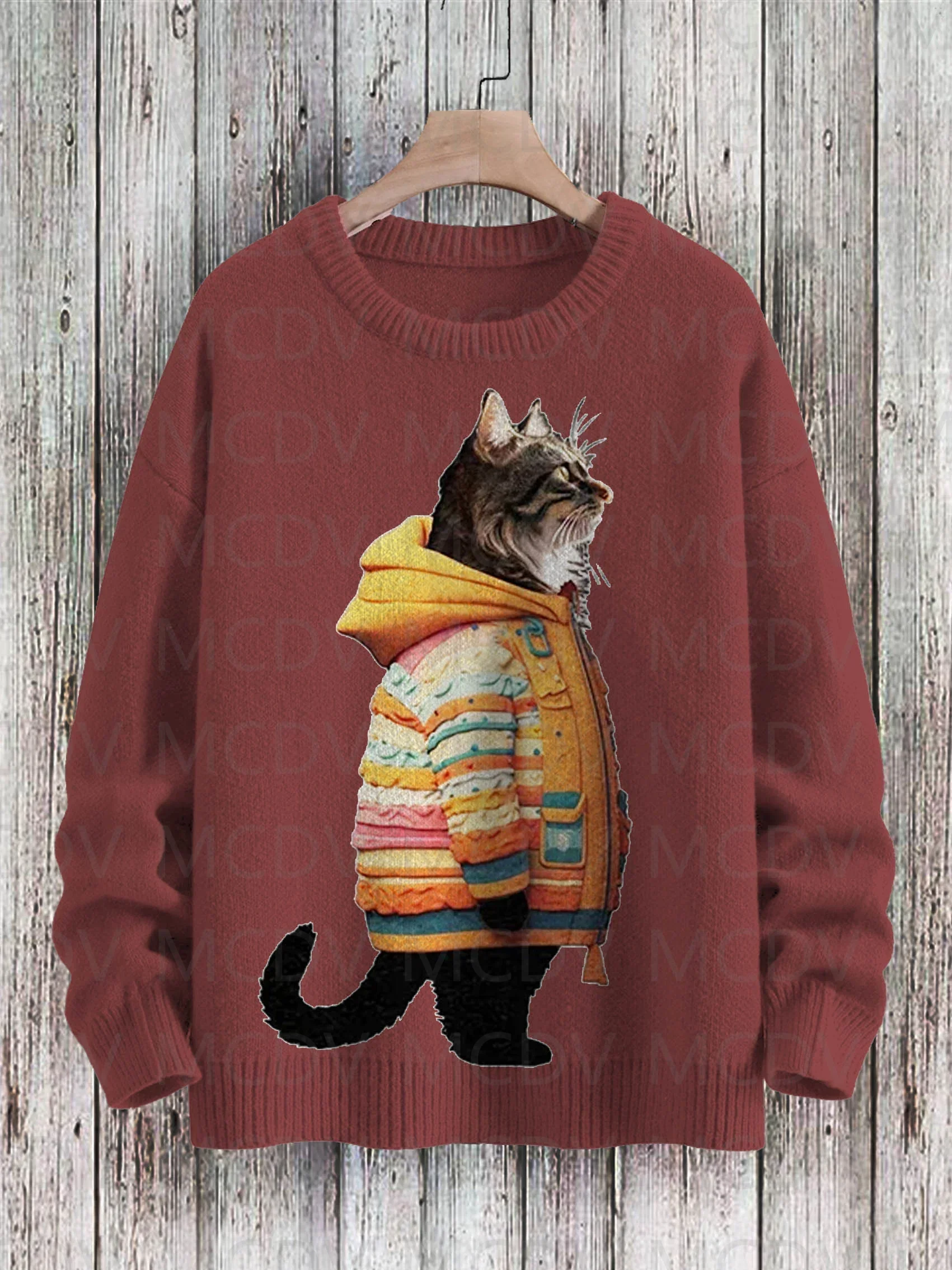 Sweater Pullover rajut pria dan wanita, motif pola seni kucing musim dingin lucu kasual Pullover rajut