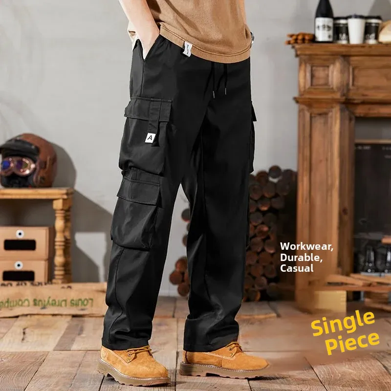 Men's Casual Loose Straight Leg Work Pants Multi-Pocket Wear-Resistant Spring Autumn Construction Site Labor Protection Clothes