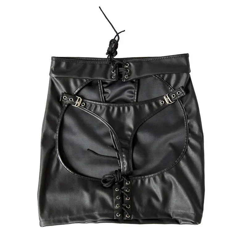 Women PU Faux Leather Mini Skirt with Thong Hot Sexy Spanking Skirt Club DS Dance Bondage Erotic Lingerie Skirt Night Clubwear view 3
