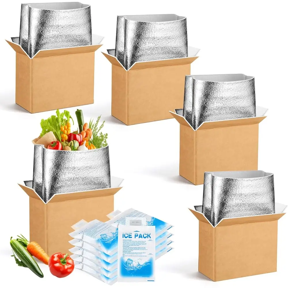 

4 термоизолированных коробки для замороженных продуктов с охлаждающими пакетами и вкладышами из алюминиевой фольги для перевозки больших холодных грузов