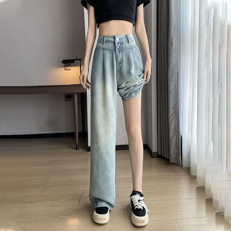 Women's High-waisted, Light and Soft Jeans. They Are Thin for Summer, Loose-fitting, Slimming, Straight-tubed and Wide-legged.