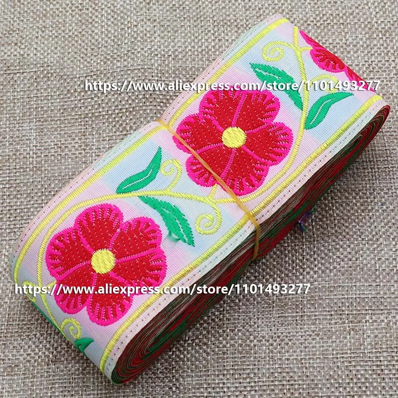 7 Yards 5cm Jacquard Ribbon Flowerd Pattern Ethnic Lace Trim Embroidered Woven Webbing Tape For Clothing Bag Sewing Fabric