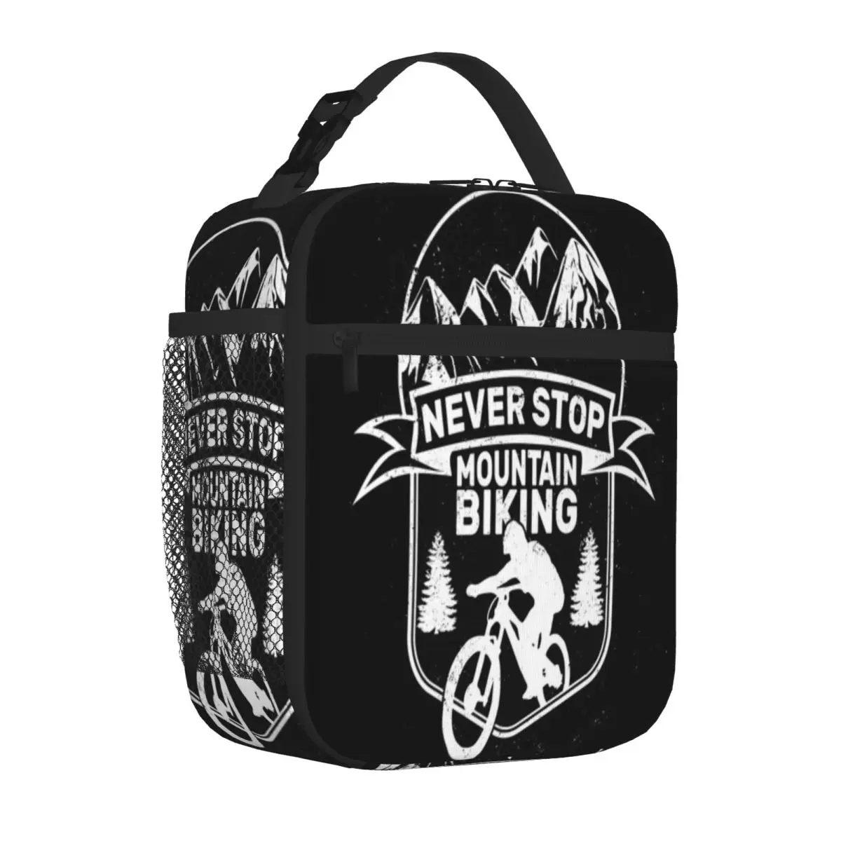 Hot Sale Never Stop Mountain Biking Crest White Modern Thermal Food Carrier Workplace Meal Reusable Lunch Bag