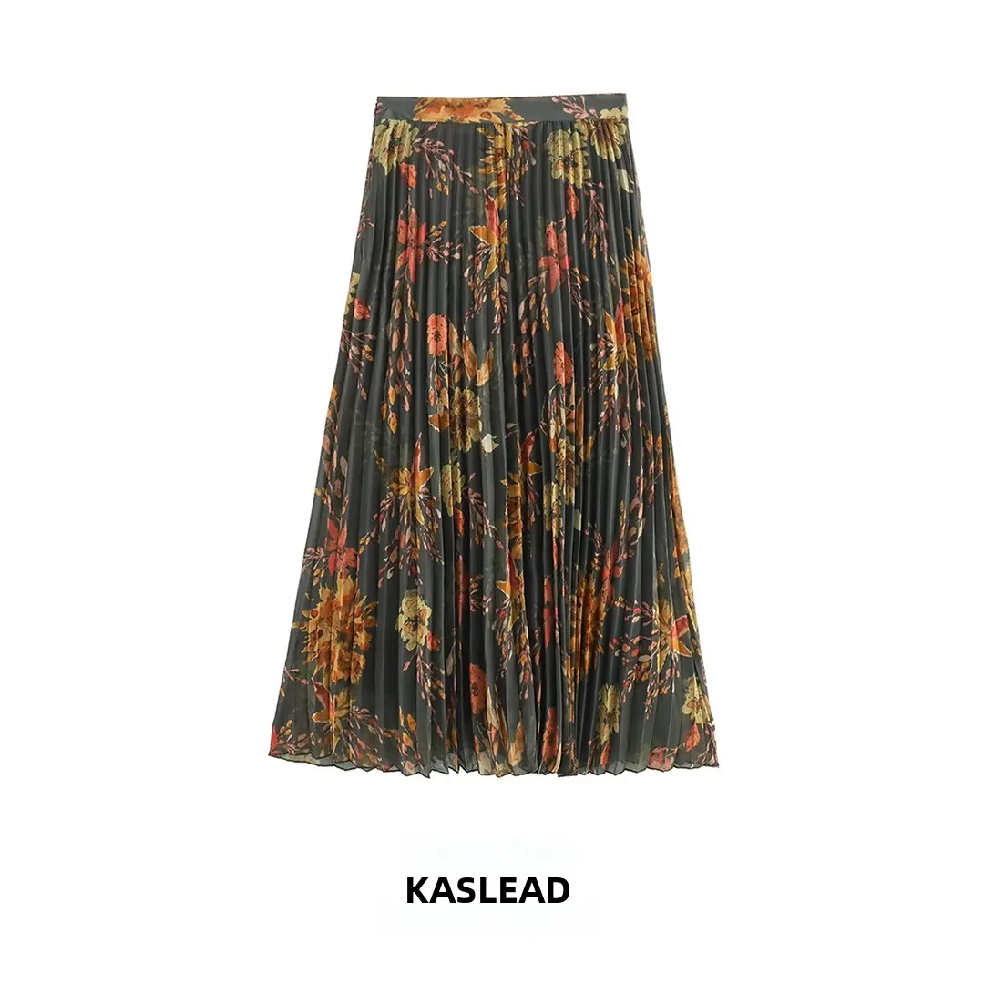 KASLEAD New Women's Fashion Simple Stylish Slimming Print Pleated Skirt Standard Fit Polyester Fiber Printed Design