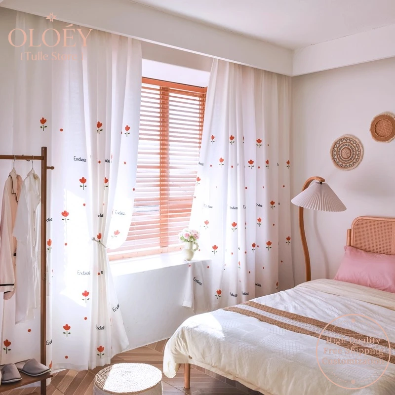 

Sheer Orange Tulip Curtains for Bedroom Living Room Translucent Not Transparent Sun Shade Upgraded Window Screen Floral Fresh