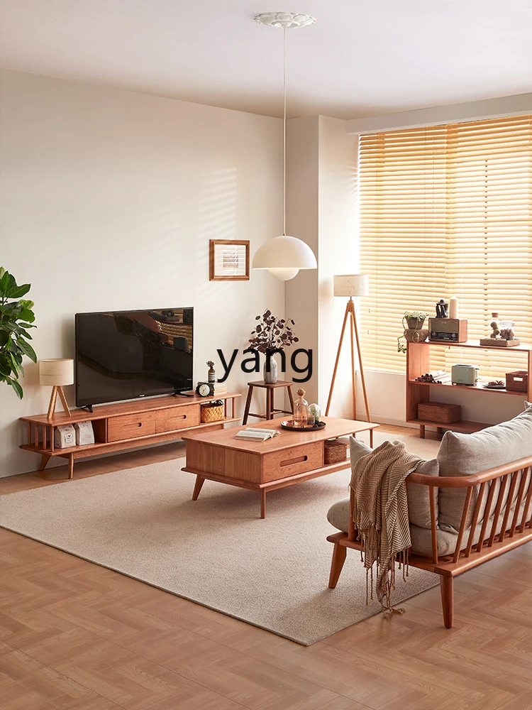 CX  TV Cabinet and Tea Table Combination Wood Color Small Apartment Cherrywood Furniture Simple Solid Wood Style