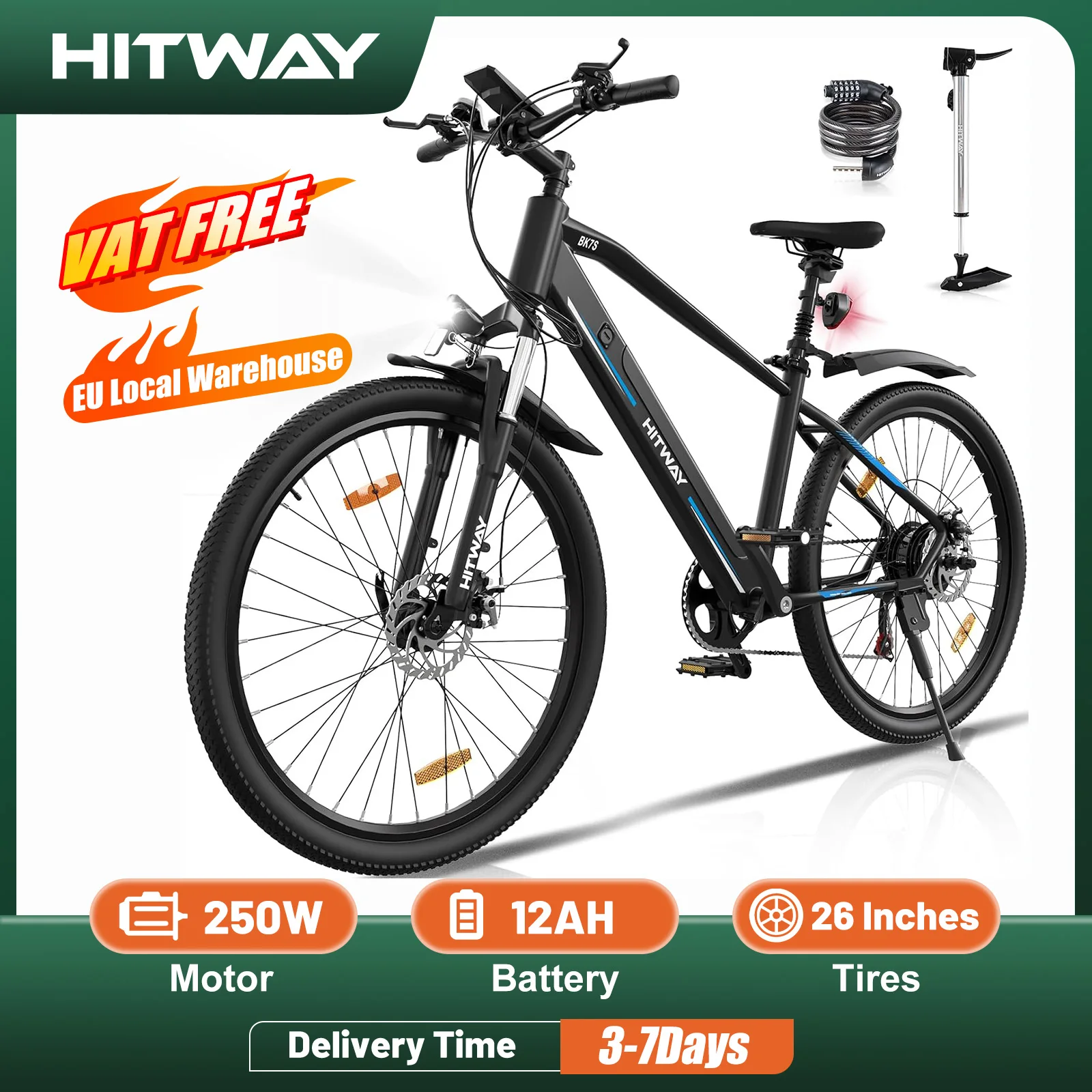 HITWAY Electric bike, powerful Mountain Electric bike 36V 12Ah 250W with speeds, 26-inch support bikes