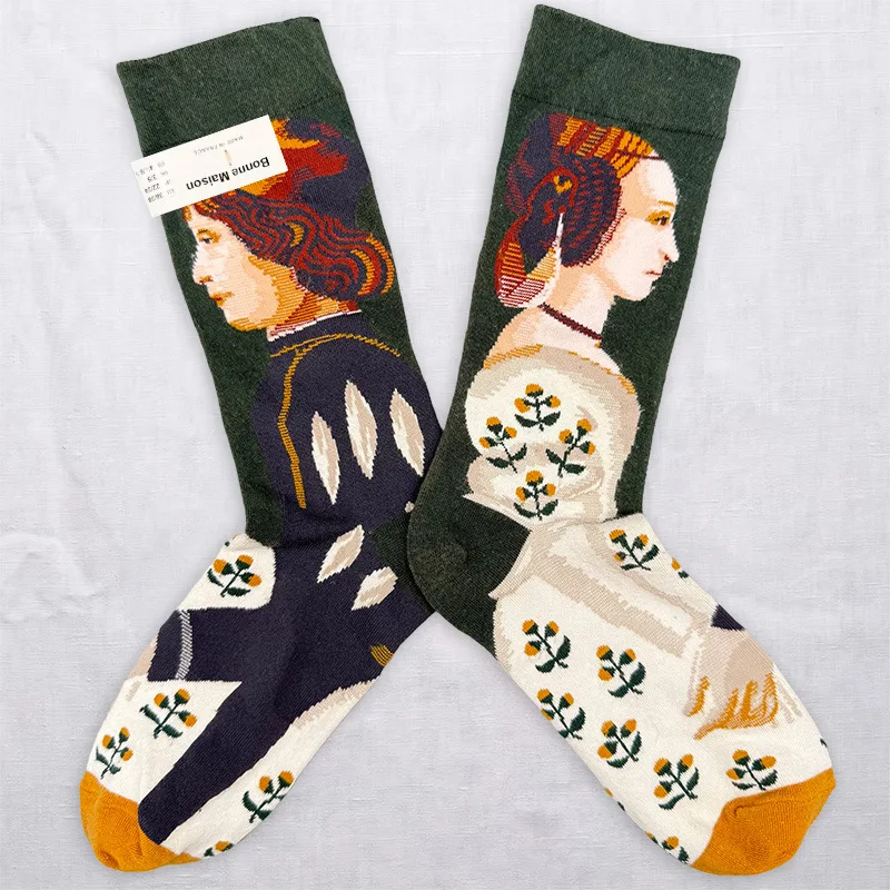 Bonne Maison Womens Mid Calf Socks Retro Artistic Floral Print Soft Comfy Breathable Cotton Trendy Casual Crew Socks 3 Pairs