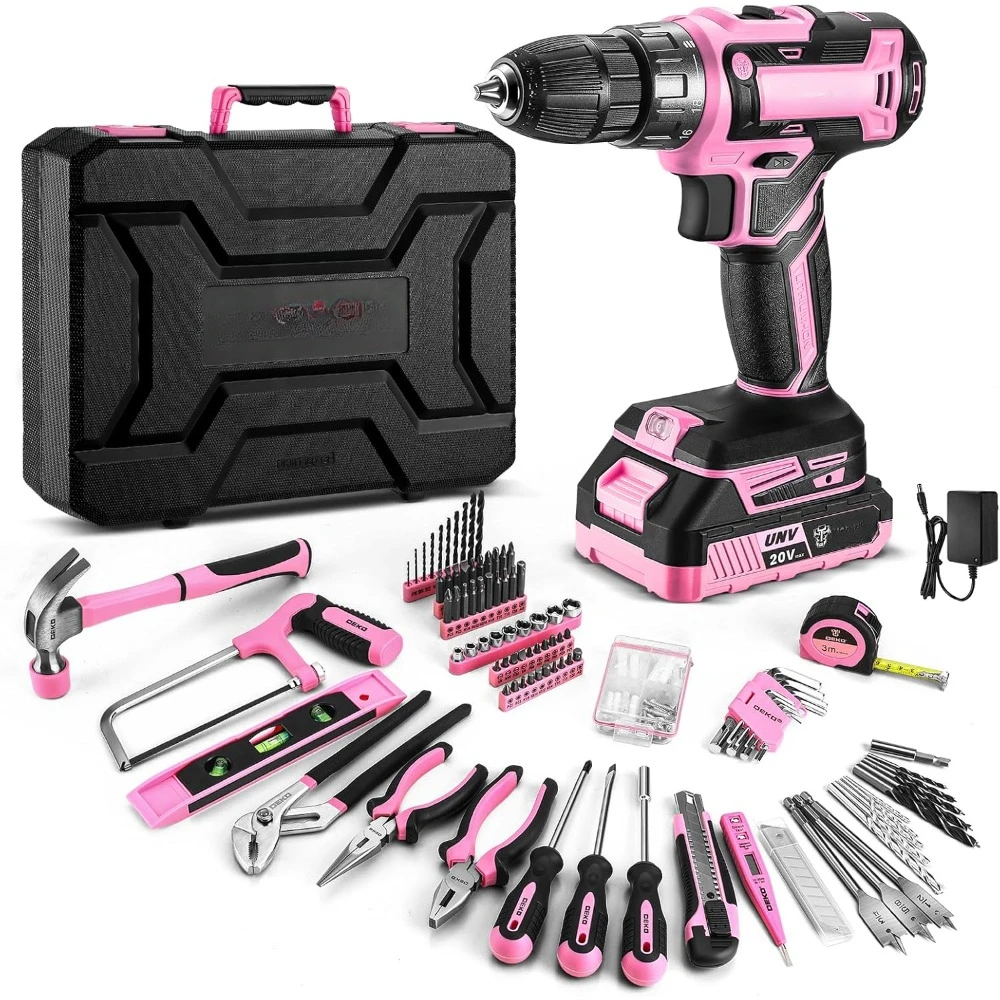 

Pink Drill Tool Kit Set: 20V Cordless Power Drill Tool Box with Battery Electric Drill Driver for Men Home Hand Repair Basic Too