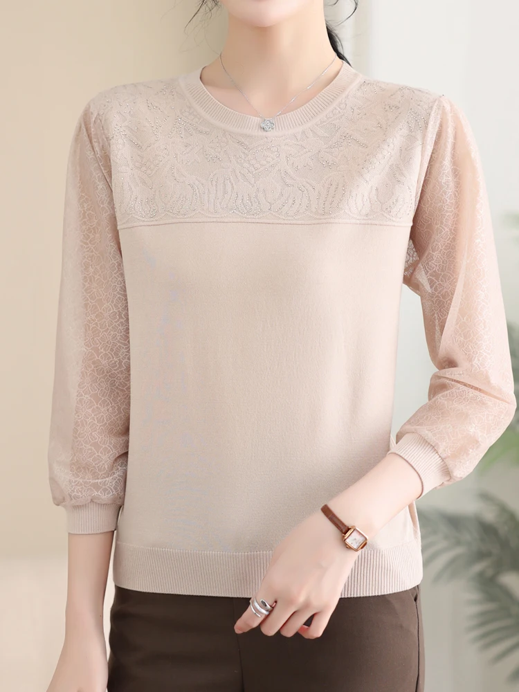 

Print Knitted T Shirt Women Sweater Pullovers 2024 Summer Clothes For Women Tees Top Chiffon Sleeve Women's T-shirt