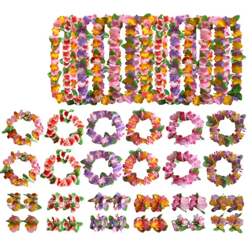 Hawaiian Colorful Wreath Necklace 4 Piece Set Petal Head Ring Bracelet Performance Props Happy Tropical Hawaii Party Decor