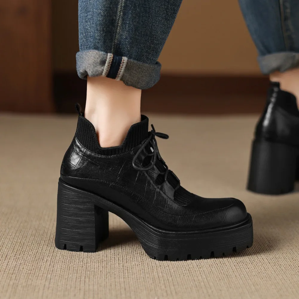 Autumn Women's Short Boots Square Toe Thick Heel Platform High Heels Luxury Design Genuine Leather Women's Casual Shoes Winter