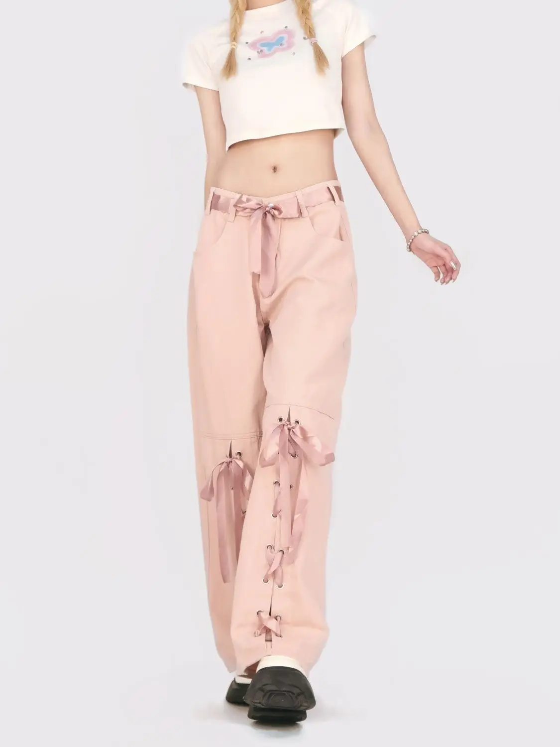 الشارع الشهير الدانتيل يصل الحلو الوردي الدوبامين Y2k الجينز النساء فضفاض Harajuku 90s الجمالية سراويل جينز خمر بنطال ذو قصة أرجل واسعة