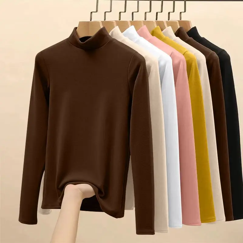 1pc Slight Fleece Sweatshirt Long-sleeved T-shirt Lady Winter Heated Half High Collar Top Women  Winter Thermal Underwear