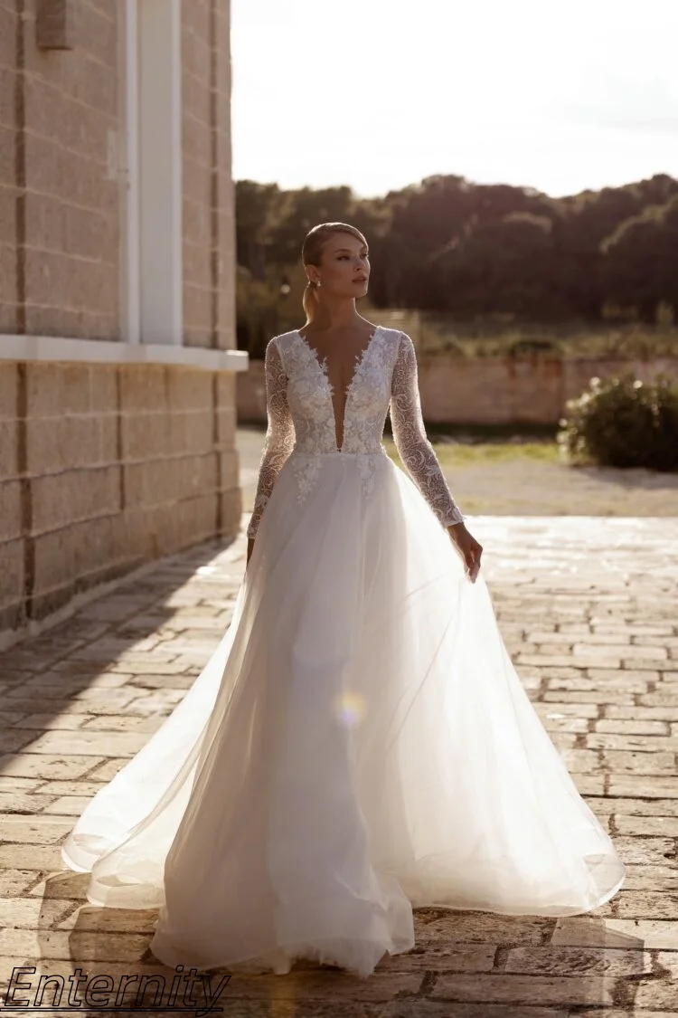 Romantic Church Wedding Dress Deep V Neck Long Lace Sleeves White Long Train Customizable