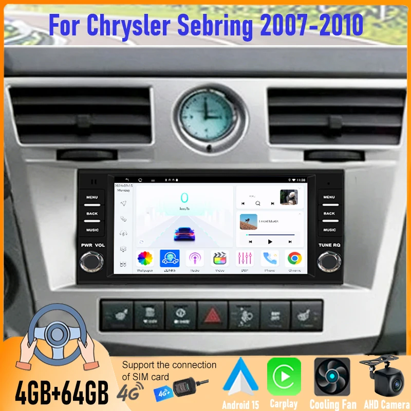

7-дюймовая автомагнитола Android 15 (4+64 ГБ) для Chrysler Sebring 2007-2010 с беспроводным Apple CarPlay, GPS-навигацией, Wi-Fi, Bluetooth, сенсорным экраном и FM-радио