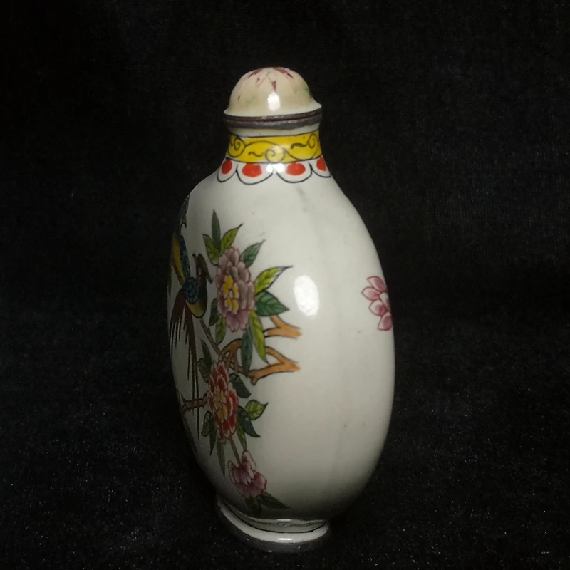 YIZHU CULTUER ART Size 7.7 x 6.1 cm Chinese Old Beijing Cloisonne Painting Flowers and Birds Snuff Bottle Collection