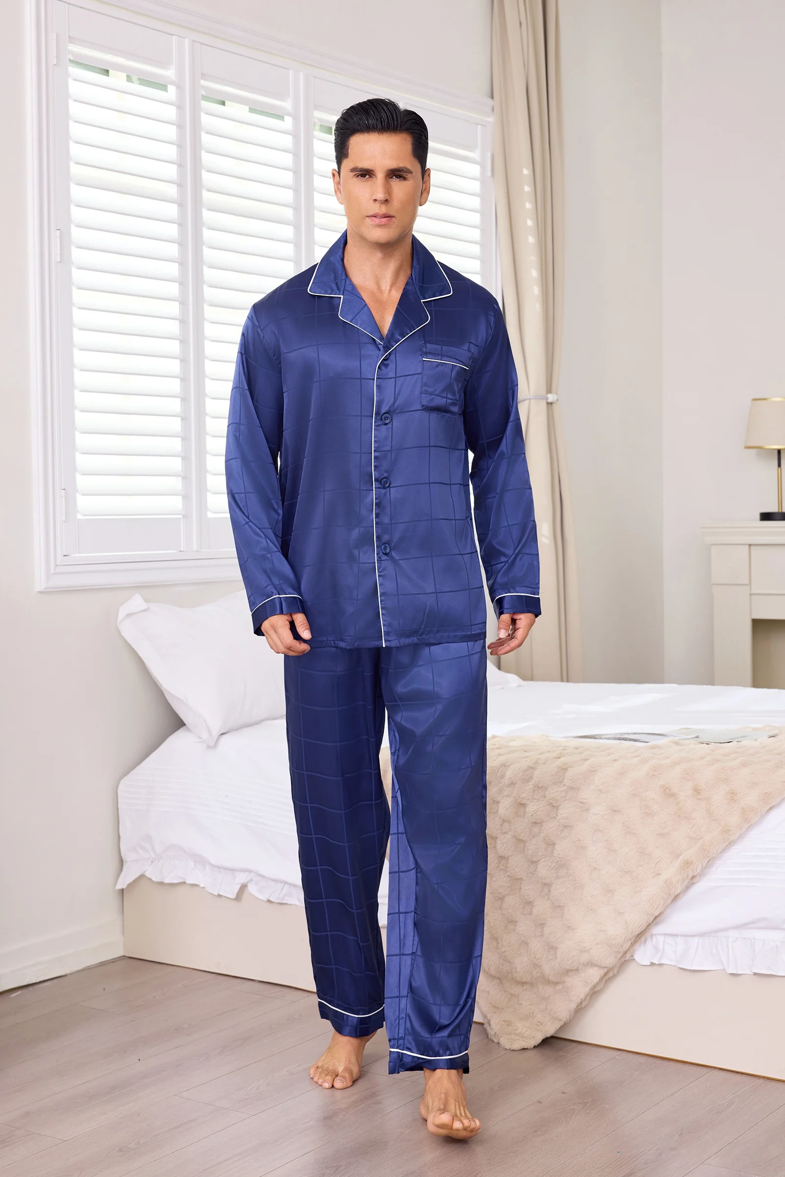 Men's Satin Pajamas Set Solid Color Plaid Sleepwear Spring Summer Long Sleeve Button-Down Shirt and Pant Mans Loungewear Pj Set
