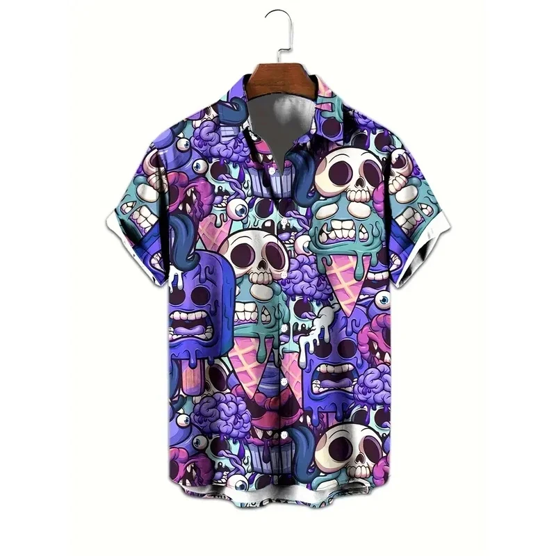 Neuheit Hawaiianisches Horror-Totenkopf-Eiscreme-Hemd für Herren mit Blumen-3D-Druck, Revers und Einzelknopf – Halloween-Strand-Oberteil, Unisex-Geschenk