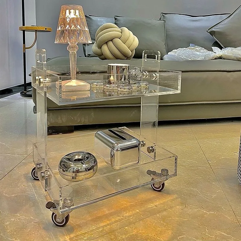 Acrylic Storage Cart with Wheels Modern Transparent Push Cart Luxury Multifunctional Auxiliary Carts Desk Organizer Shelf