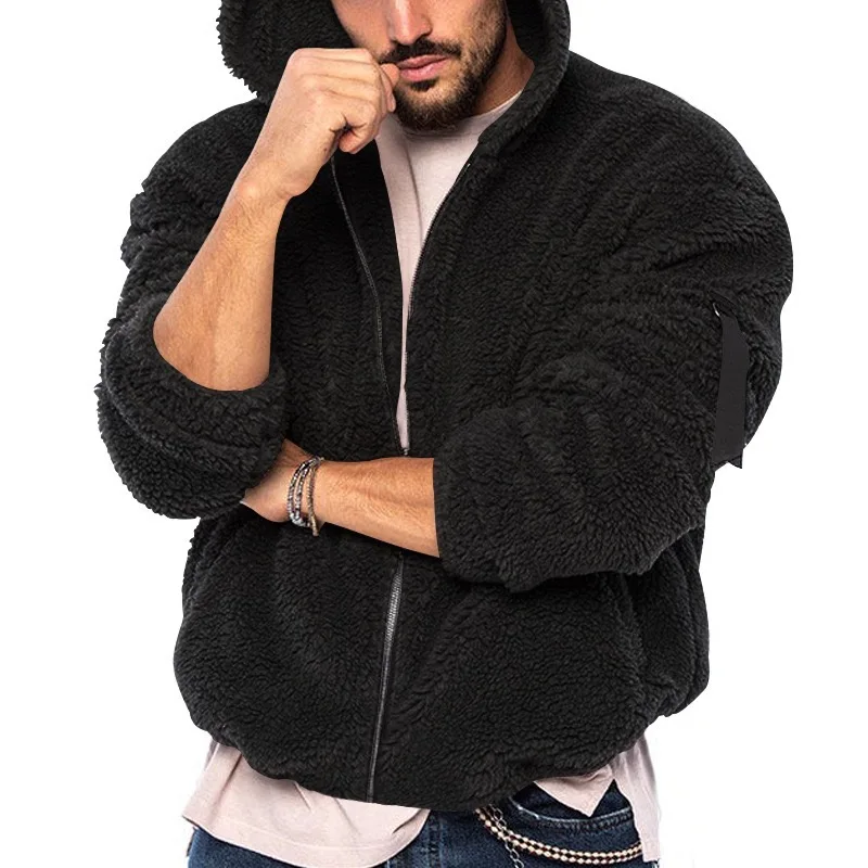 Herren Winter Reißverschluss Fleece Kapuzenjacke Vintage Casual Streetwear Lose Einfarbig Hoodie mit Taschen Freizeit Mode Mantel – Detail 10