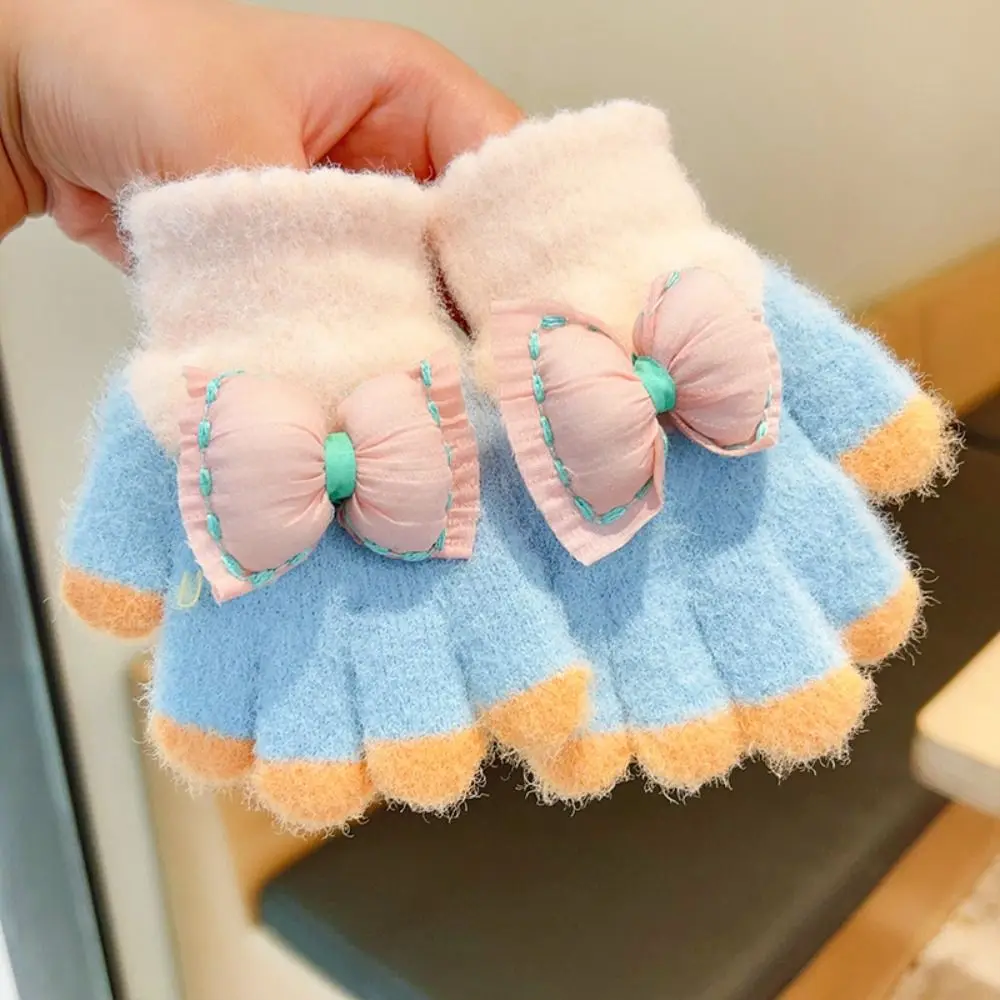 Patchwork Color Children Gloves Fashion Solid Color Full Finger Knitted Mittens Windproof Fluffy Bow Warm Gloves Cycling