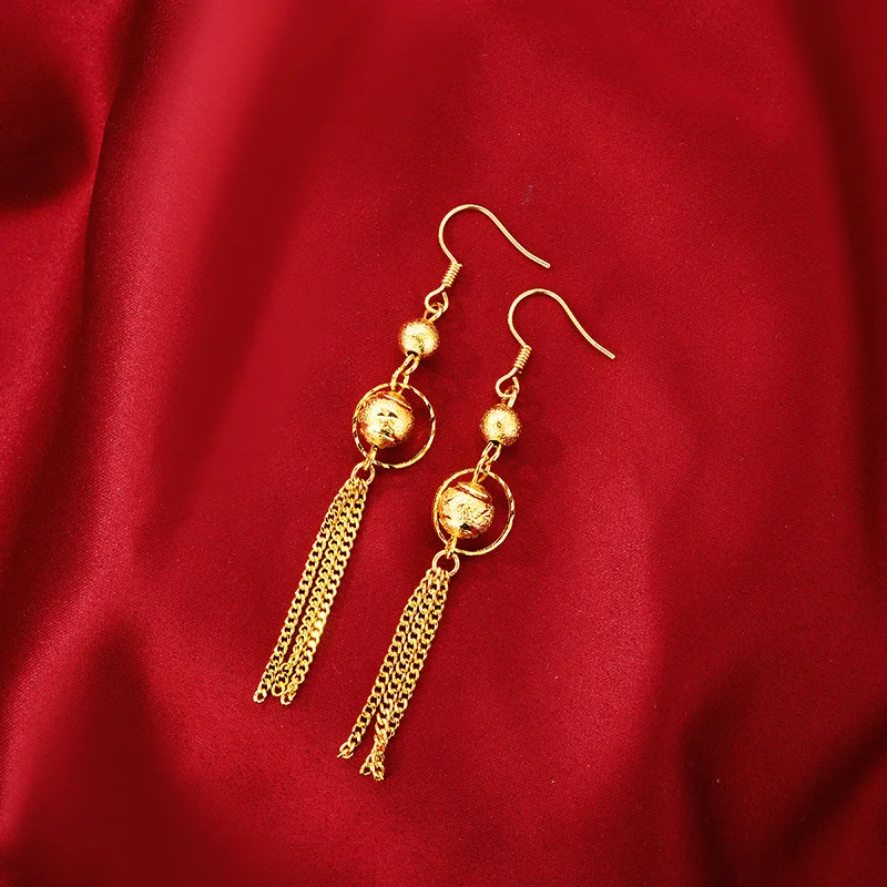 

AU999 Gold Patterned Fortune Bead Earrings Gold Shop Wedding Jewelry 24K Pure Gold Goddess Tassel Earrings for Girlfriend Gift