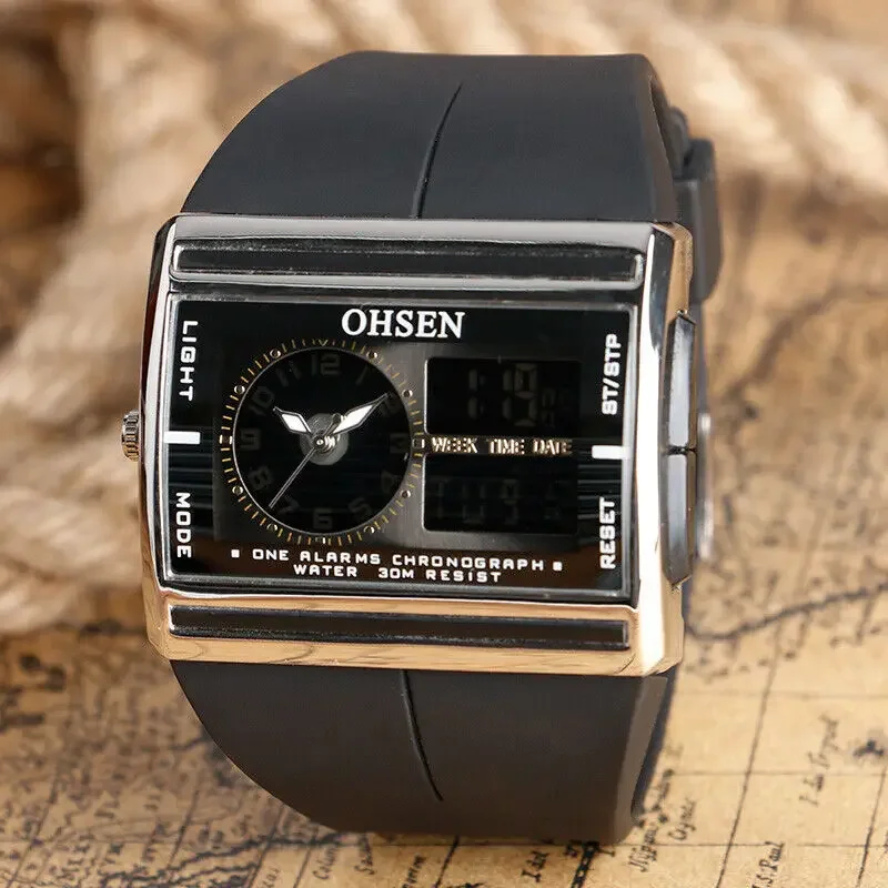 OHSEN Dual Time Big Face Analog Digital ALM Chime Day Date LED Mens Quartz Watch