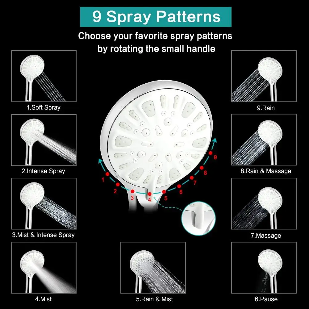 12 Inch High Pressure Rainfall Shower Head with Handheld Combo, 9 Settings Adjustable Anti-leak Design