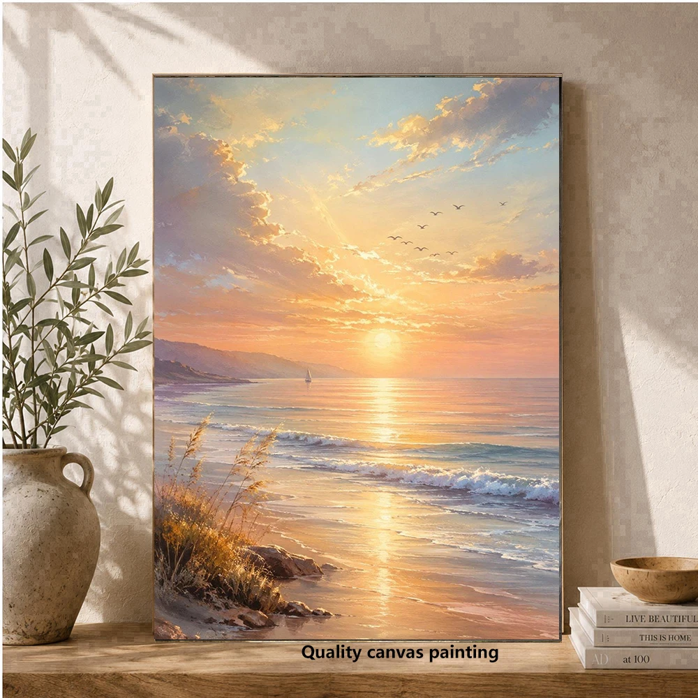 Tranquil Ocean Sunrise Canvas, Seaside Landscape Wall Art, Golden Beach Scene, Calm Water Reflection, Coastal Home Decoration, N