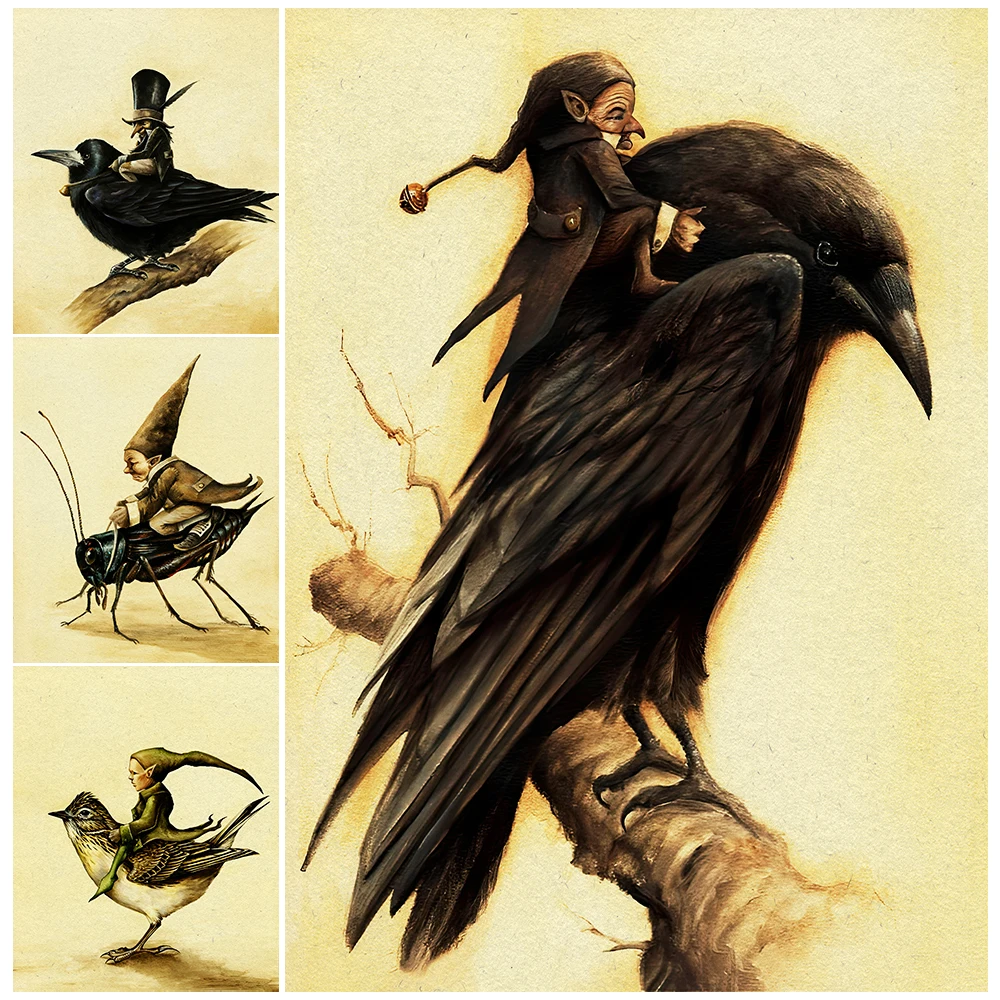 Elves Riding On Crows And Tits Vintage Wall Art Canvas Painting The Elf On The Grasshopper Art Poster And Print Home Decoration