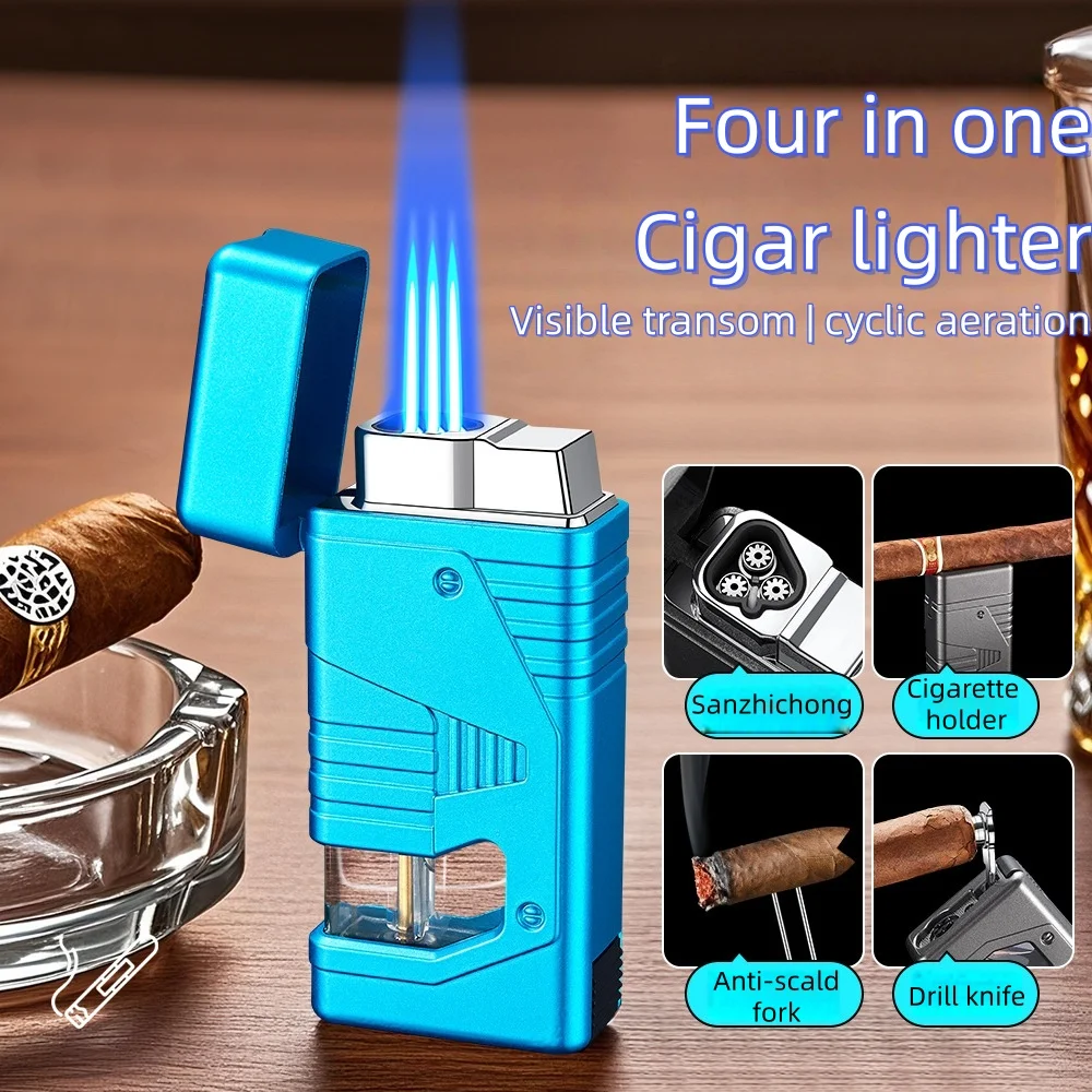 Four in One Cigar Lighter Visual Windows Multi functional Three Fire Direct Punch Windproof Gas Lighter Men's Exquisite Lighter