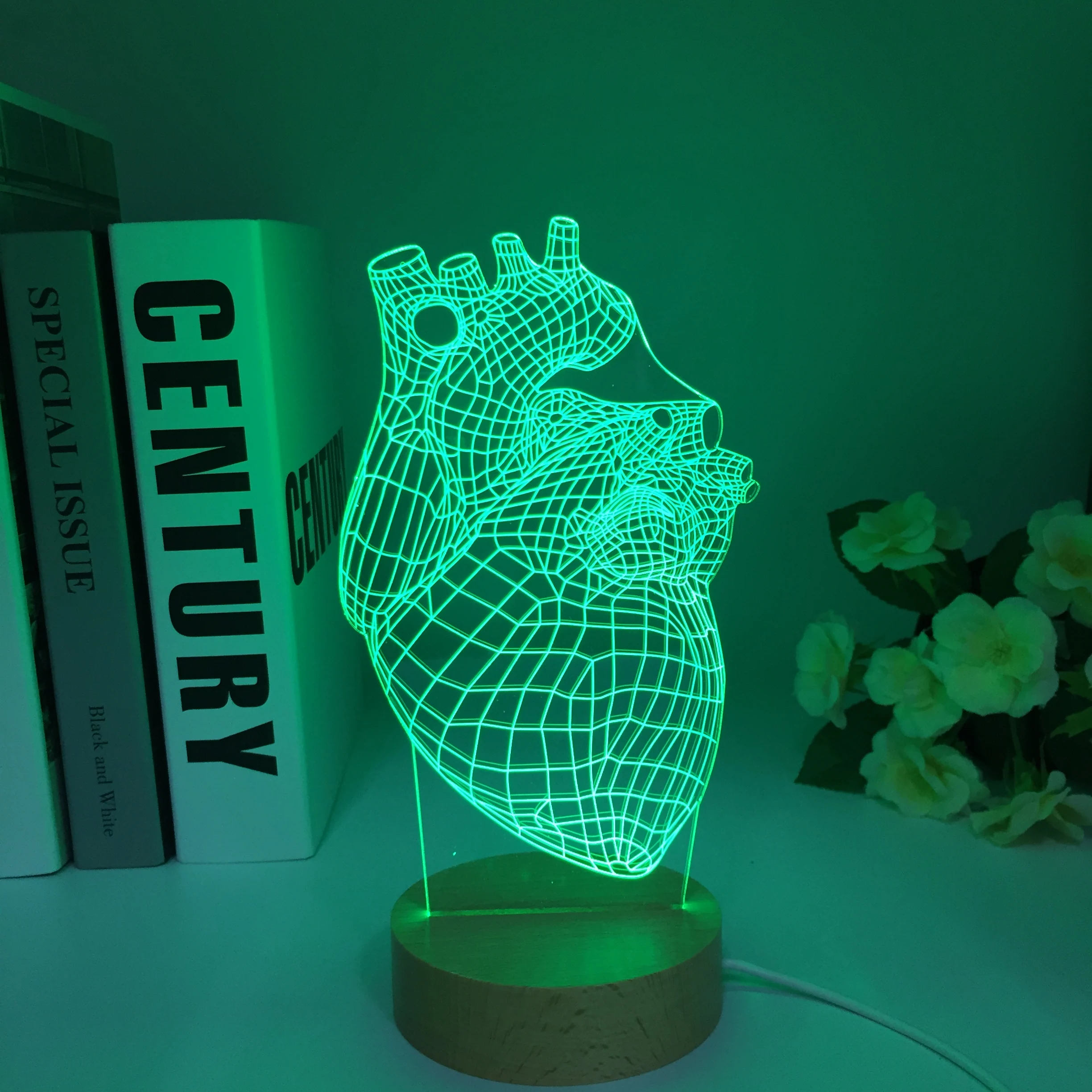 The Heart Shape Wooden Round Base 3D Lamp Battery Powered 7 Colors Present for Children Atmosphere Led Night Light Lamp Dropship