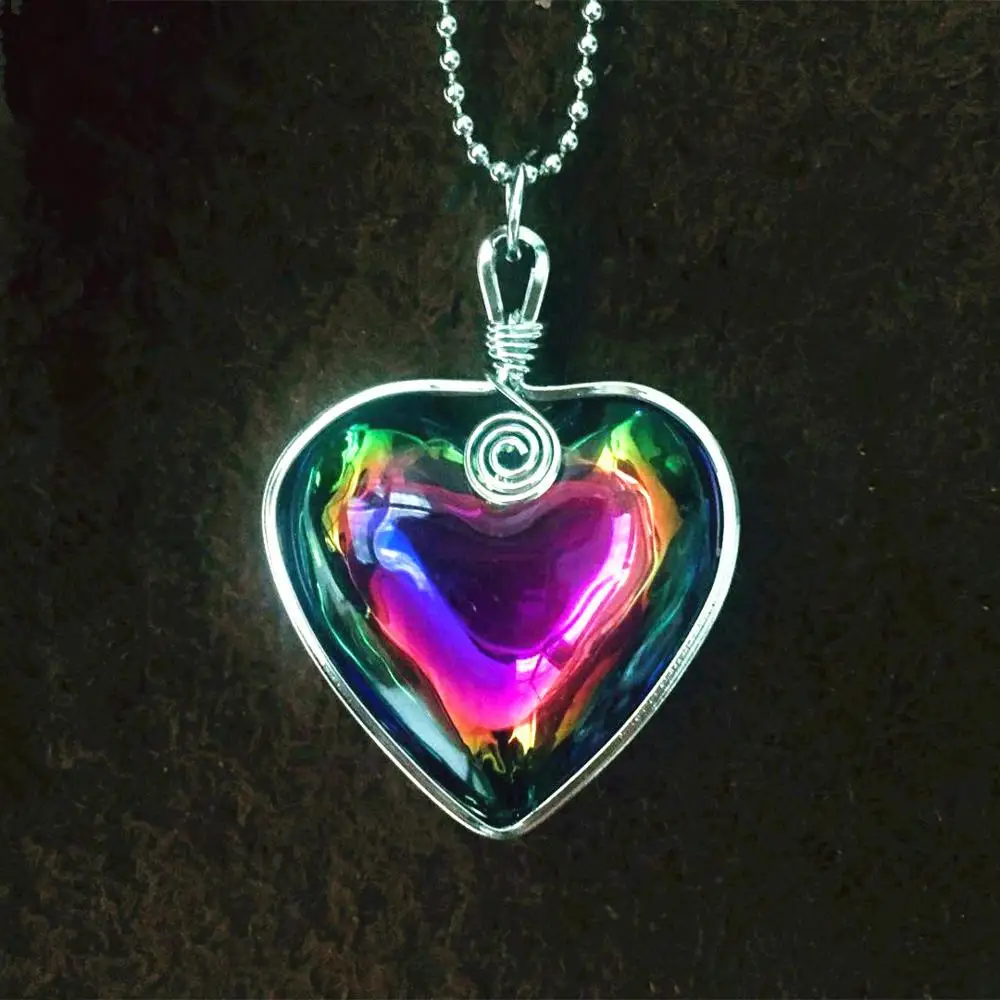 Unique Clear White gradually-changed color Crystal Glass Heart Pendant & Chain Necklace Angel Aura rainbow heart necklace