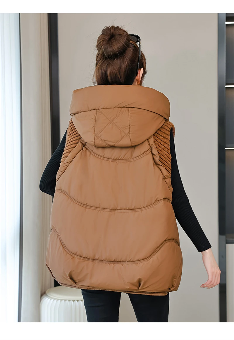 A-word Vest Down Cotton Padded Jackets Short Waistcoat Mid-Length Slim Hooded Autumn Winter Jackets Solid Women's Coats Trend