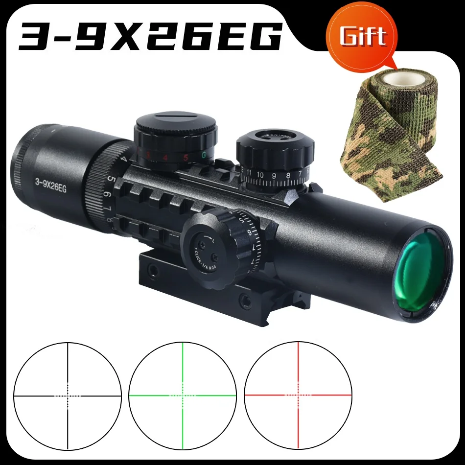 Tactical 3-9X26EG Crossbow Short Hunting Optical Scope Combo Red/Green Laser Sights Airsoft Riflescope Fits 20mm Rail Mount