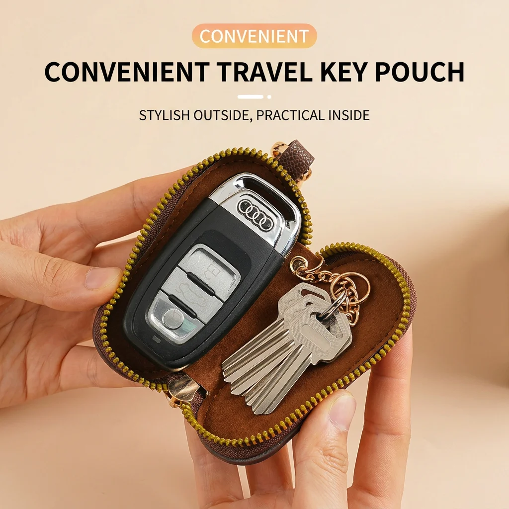 Car Key Holder Scratch-Resistant Protective Key Cover Zipper Key Holder Flannel Inner Layer For Commute Daily Travel Waist