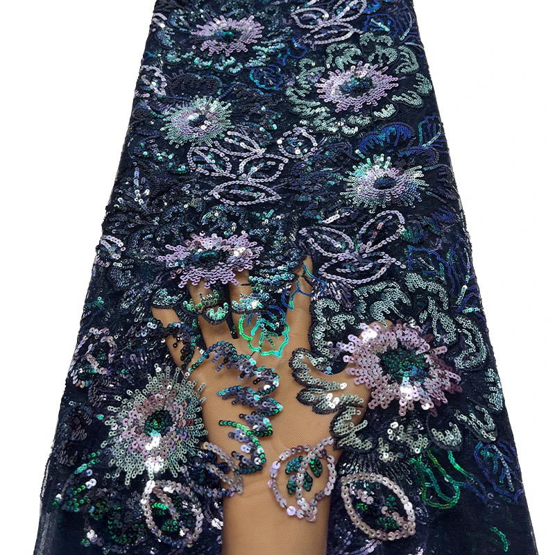 French luxurious lace mesh fabric, high-quality African sequined lotus leaf sequined dress, embroidered lace trim fabric
